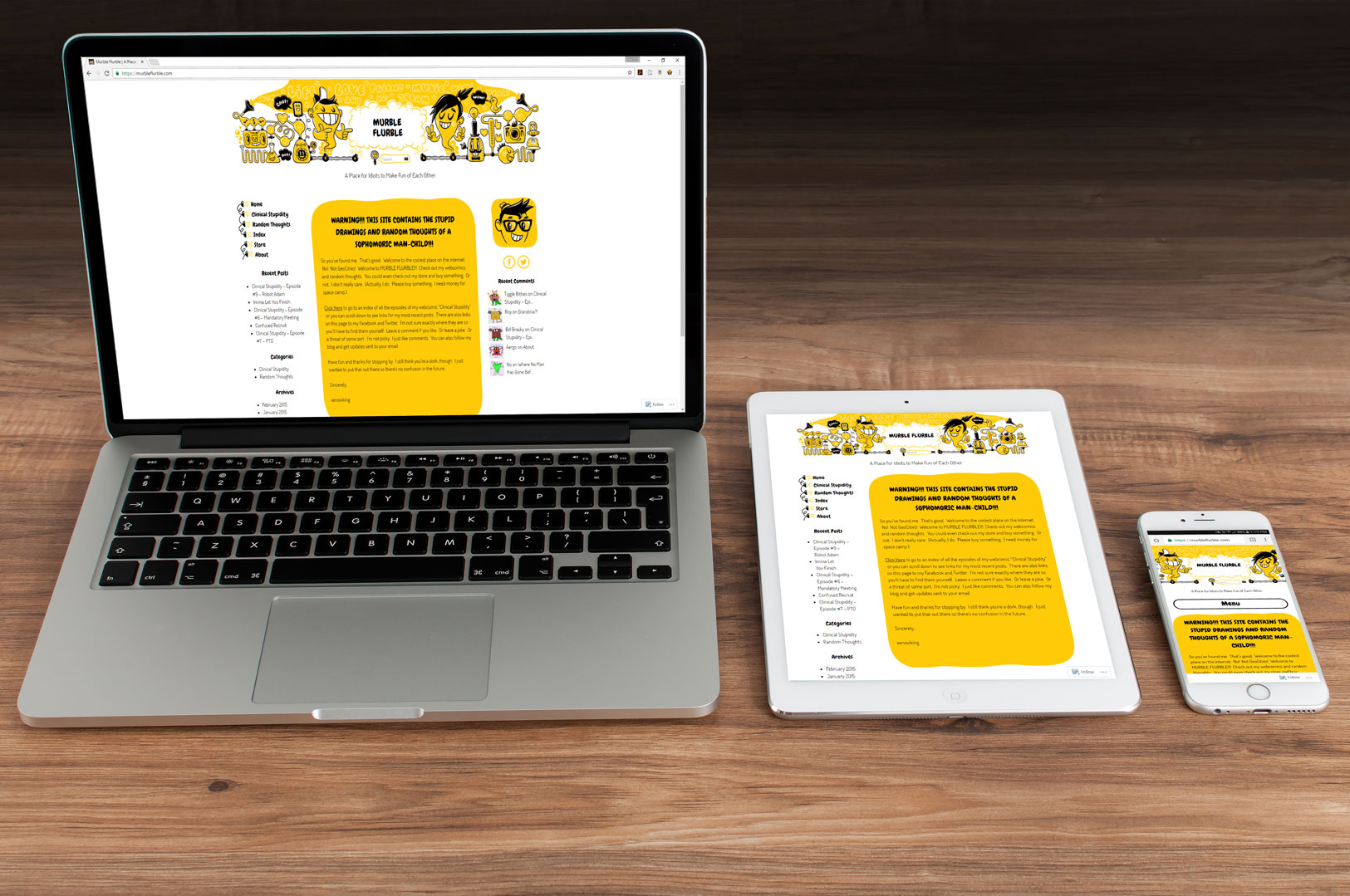 Murble Flurble website displayed on multiple devices.